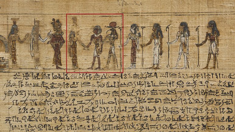 A fragment of an ancient Egyptian scroll with text and illustrations.