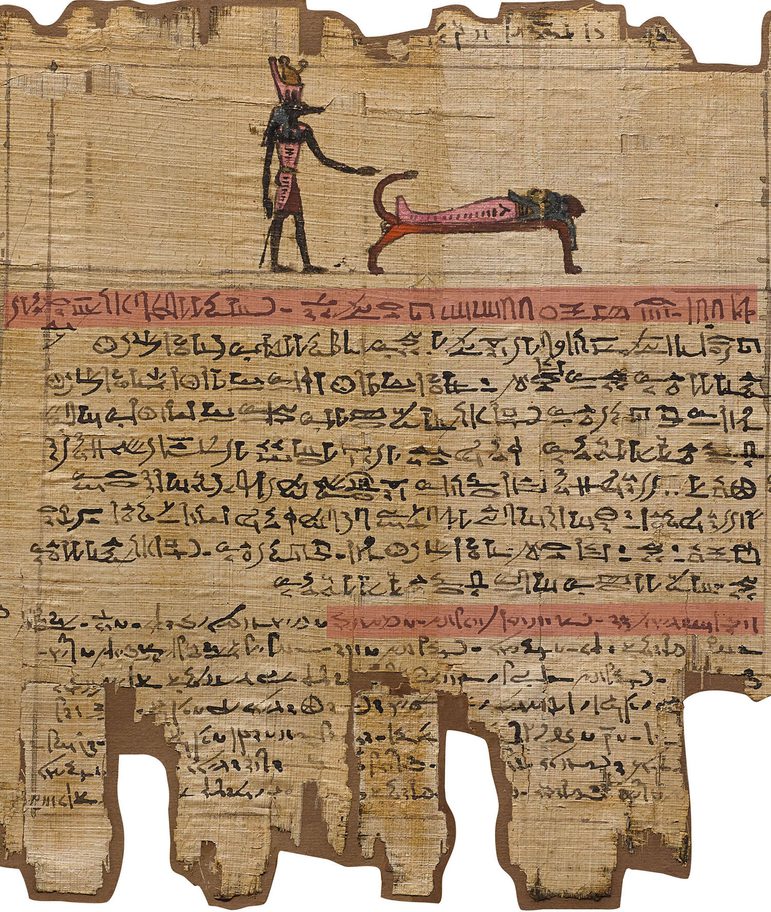 A fragment of an ancient Egyptian papyrus with an illustration of two figures and hieroglyph text.