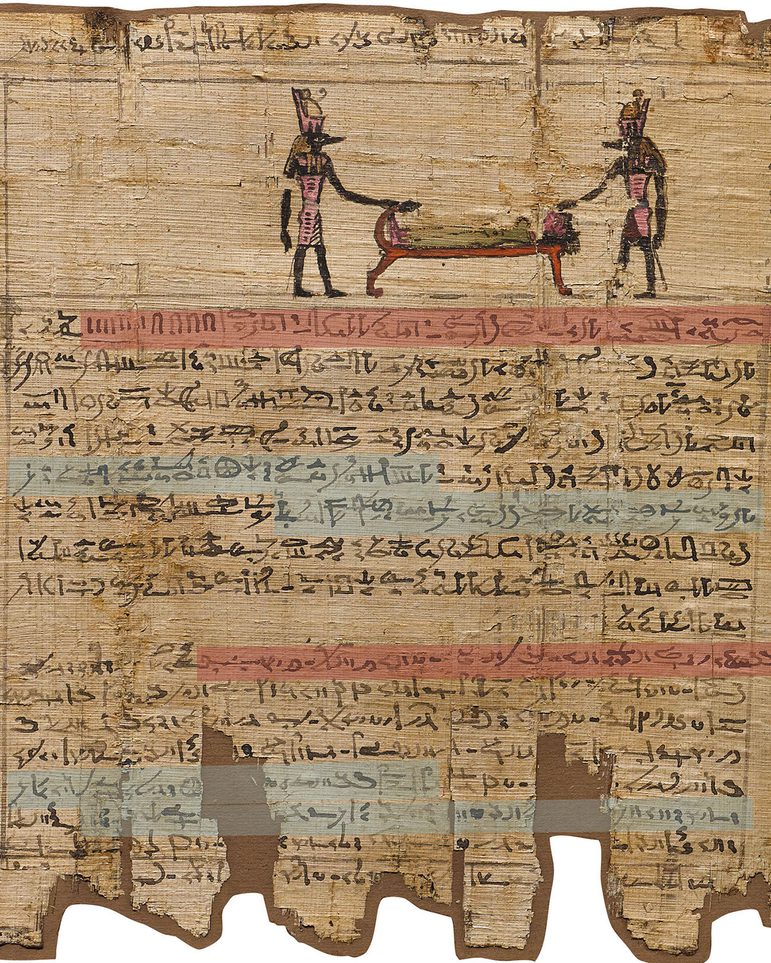 A fragment of an ancient Egyptian papyrus with an illustration of three figures and hieroglyph text.