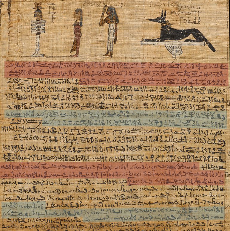 A fragment of an ancient Egyptian scroll with text and illustrations.