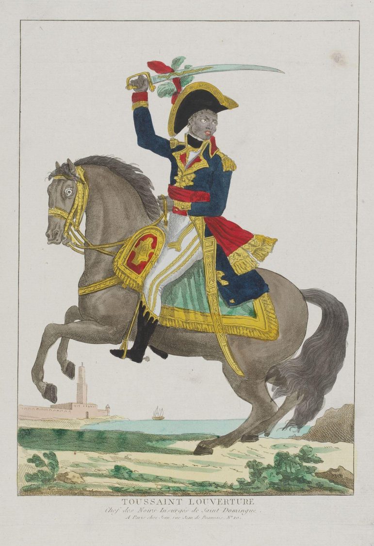 An illustration of a man in military dress holding a sword above his head on a horse