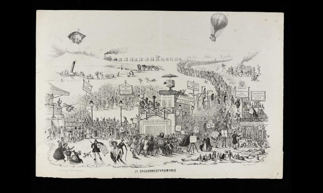 A black and white illustration of crowds of people at a fair.