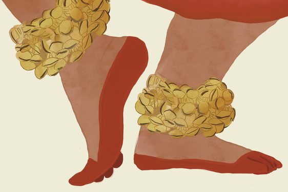 A colourful illustration zoomed in on a pair of feet in a dancing pose. Around the ankles are gold anklets and the base of the feet are paited red.