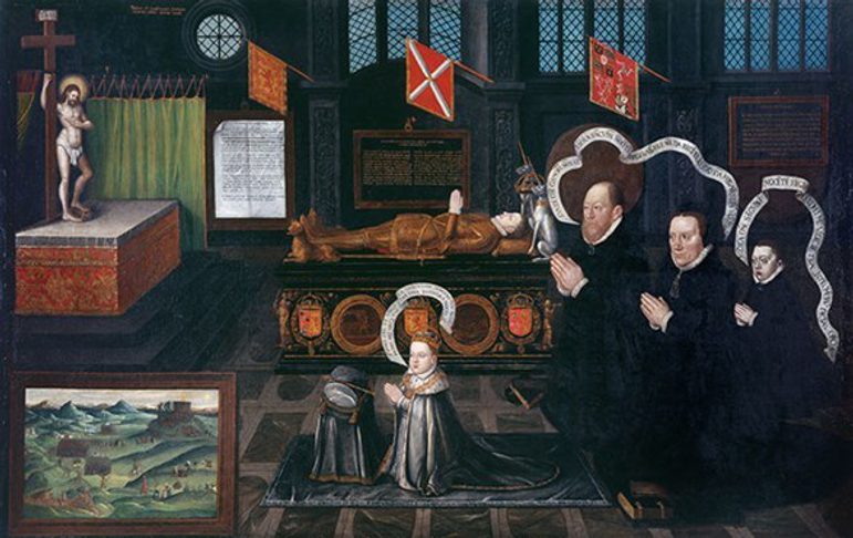 A painting showing three black dressed figures, a child dressed in cloak in pray kneeling in front of an altar with a cross. A coffin with a male figure on top of it, dressed in brown armour with his hands in pray.