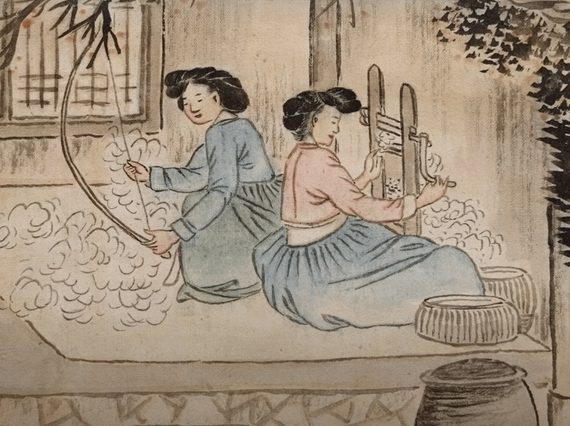 Detail of a painting depicting two women sitting on a mat working with textiles