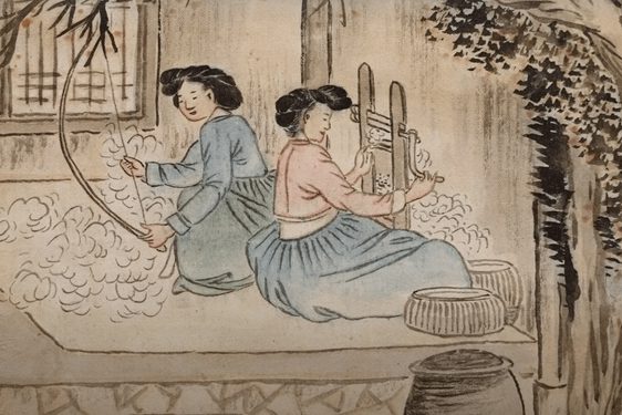 Detail of a painting depicting two women sitting on a mat working with textiles