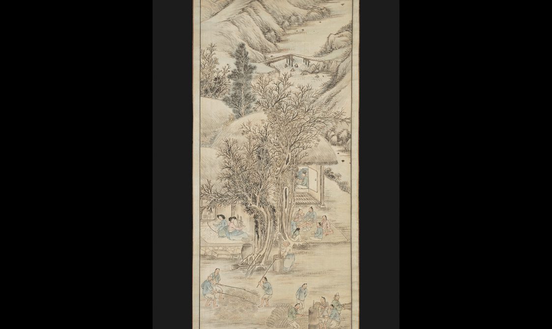 Detail of a long rectangular open scroll depicting a landscape and people working.
