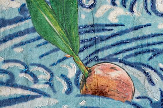 Kimono detail showing a germinating coconut.