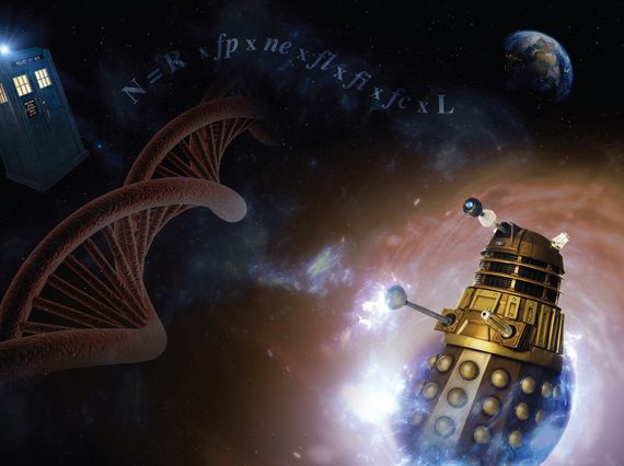 Dalek cyborg emerging from a vortex in space with a DNA double helix, police box, and earth in the background.
