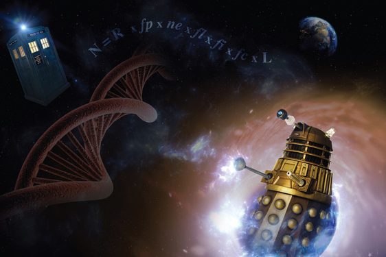 Dalek cyborg emerging from a vortex in space with a DNA double helix, police box, and earth in the background.