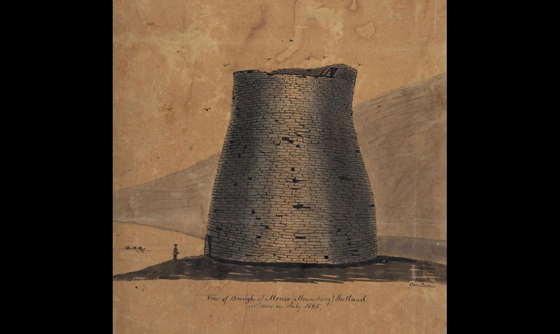 A drawing on yellowed paper of a large tower like building made of stones, with a small figure standing beside it and a lake behind.