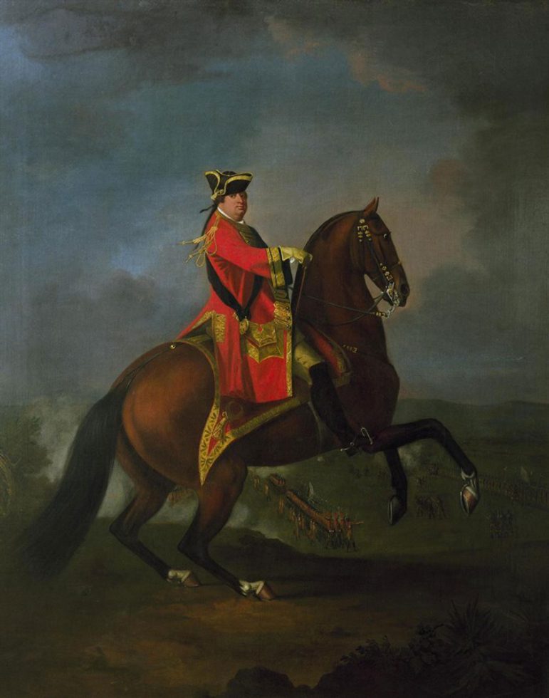 A painting of a man in decorative military dress on a brown horse.