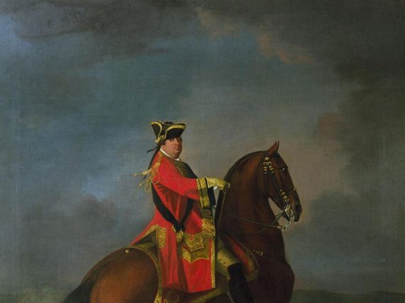 A painting of a man in decorative military dress on a brown horse.