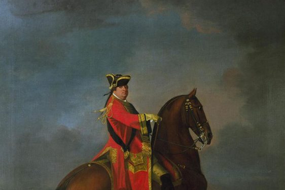 A painting of a man in decorative military dress on a brown horse.