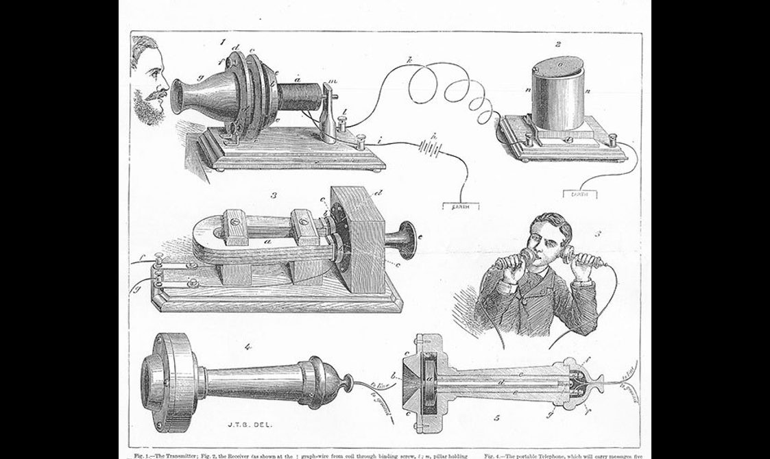 A black and white illustration of people using an early telephone
