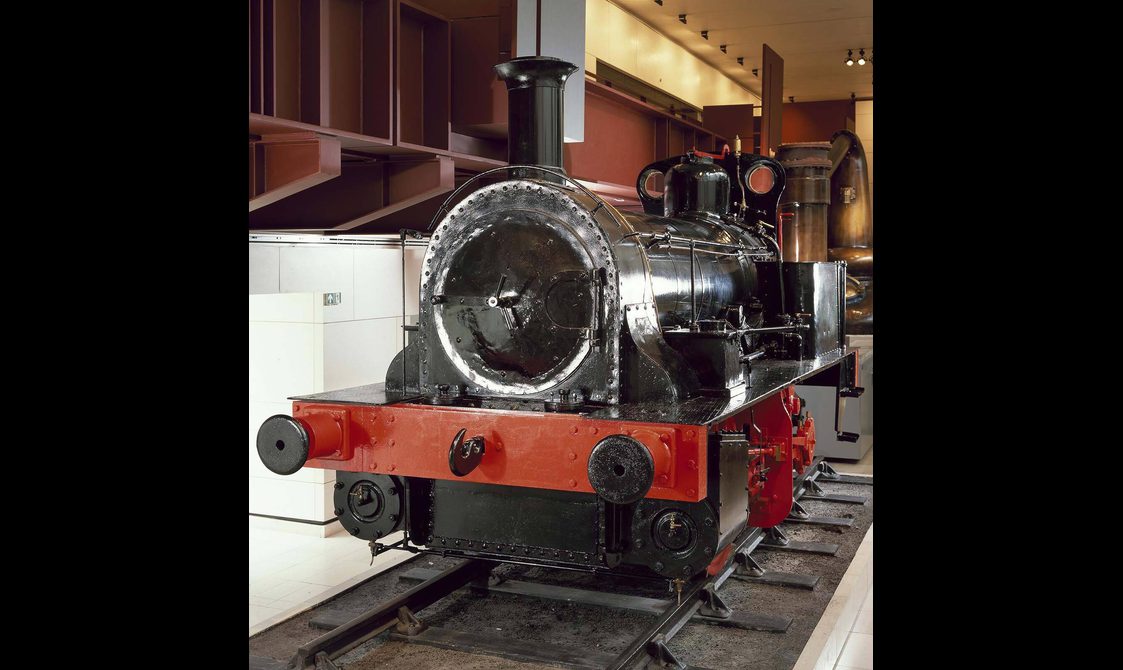 A locomotive train on display in the National Museum of Scotland.