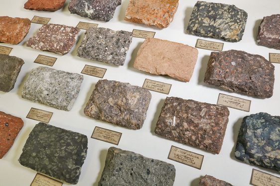 Various different samples of rock cut in rectangular samples and lined up in rows with labels beneath each.