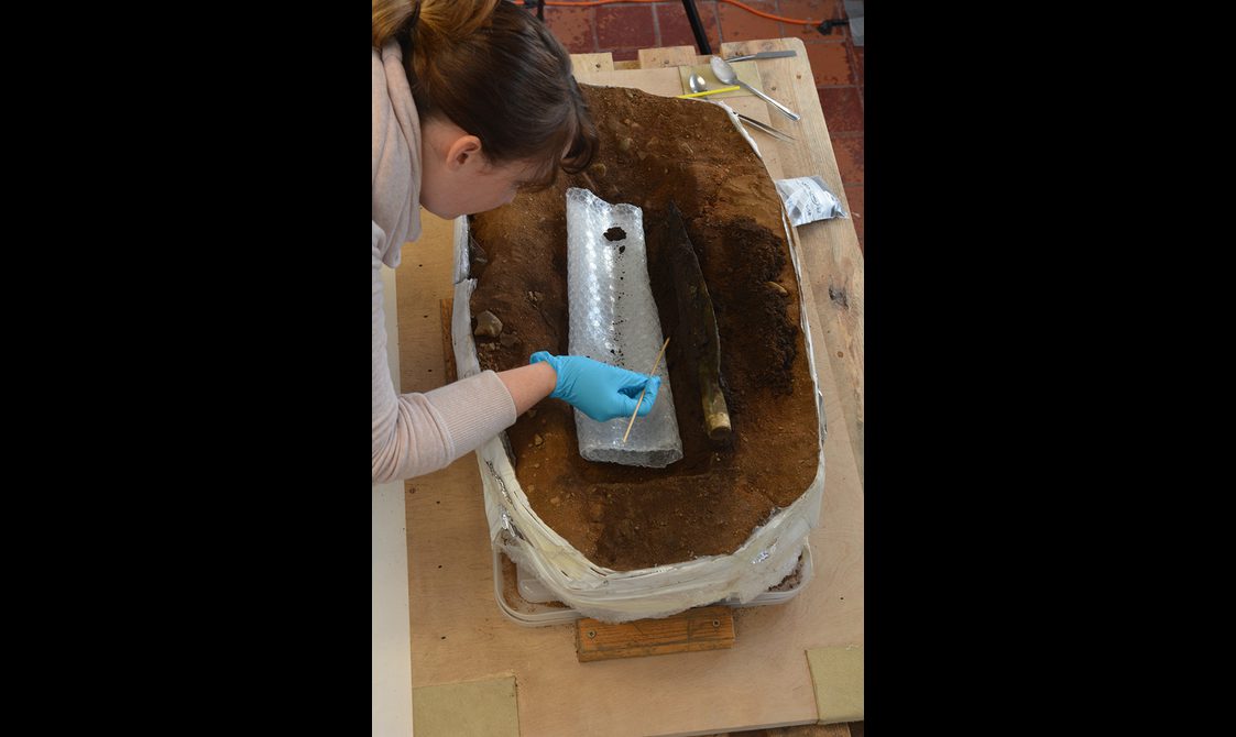 An archaeologist carefully excavates a Bronze Age Spear from a block of dirt using a long thin stick to remove soil