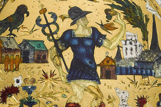 Closeup jewel decorations. Person wearing blue armour with a staff and hat alongside a dog, vase, colourful flowers and a Renaissance village.