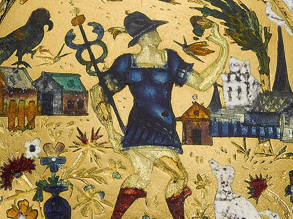 Closeup jewel decorations. Person wearing blue armour with a staff and hat alongside a dog, vase, colourful flowers and a Renaissance village.