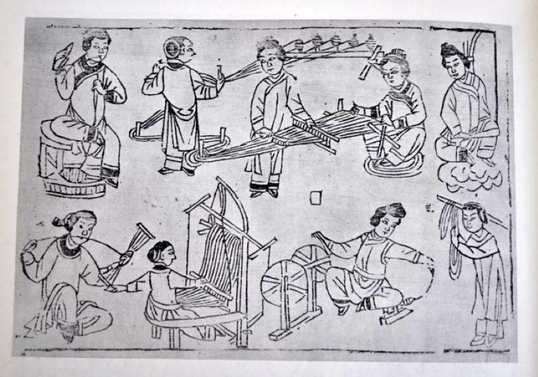 Woodblock print of a woman engaged in the tasks of making cotton. She is shown ginning, bowing, spinning, sizing the warp, warping the loom, and weaving