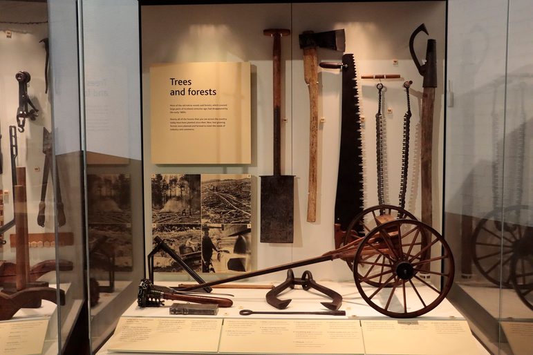 A Museum display case showing forestry tools such as an axe, spade and saw.