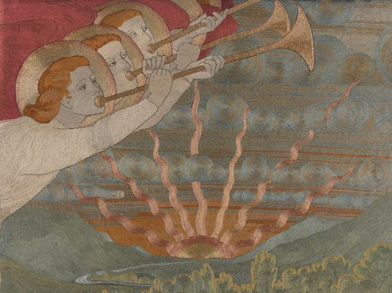 A detail of an embroidery featuring three angels with gold halos blowing trumpets with a sun setting in the background