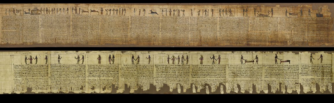 Two long Egyptian scrolls displayed with one above the other. The yellowed scrolls contain illustrations and text and have some damage along the bottom.