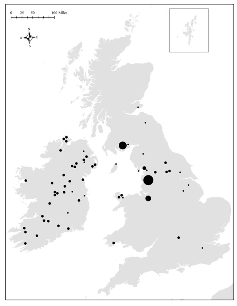 A grey and white map of Ireland and Britain with black dots representing where hoards of arm-rings have been found