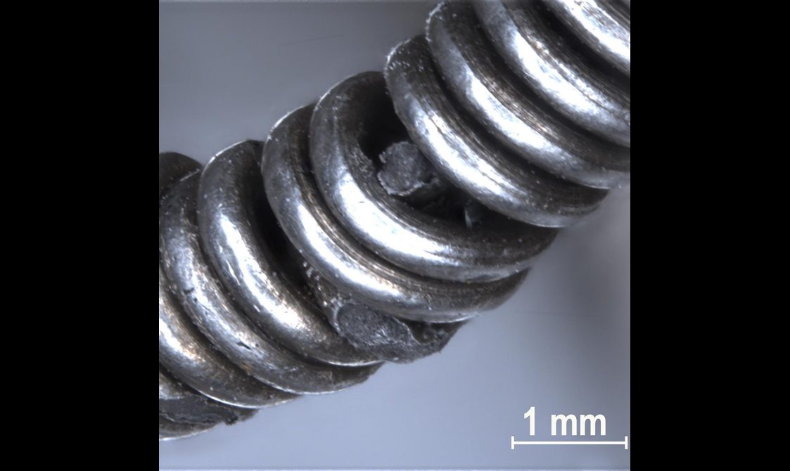 Microscopic closeup of a silver chain, each link a smooth, silver circlet with a fibrous material peeking out underneath.