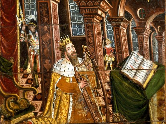 Colourful painted ceiling panel depicting King David playing his harp