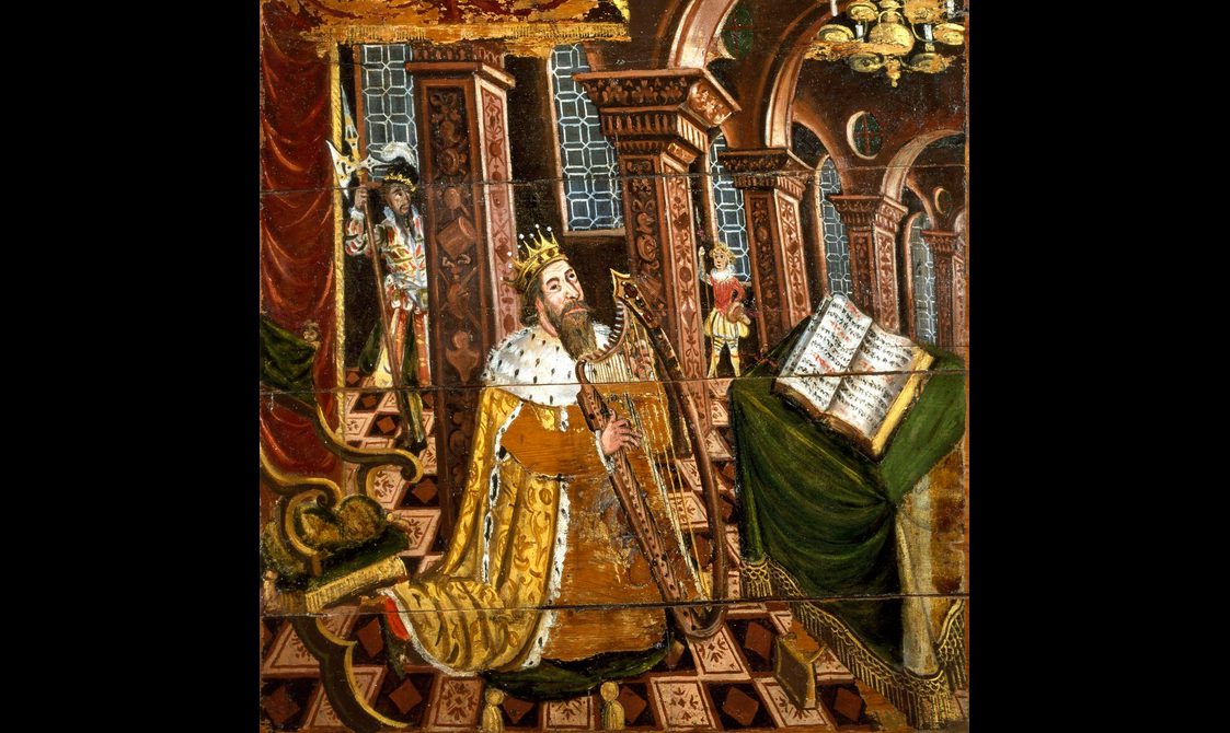 Colourful painted ceiling panel depicting King David playing his harp