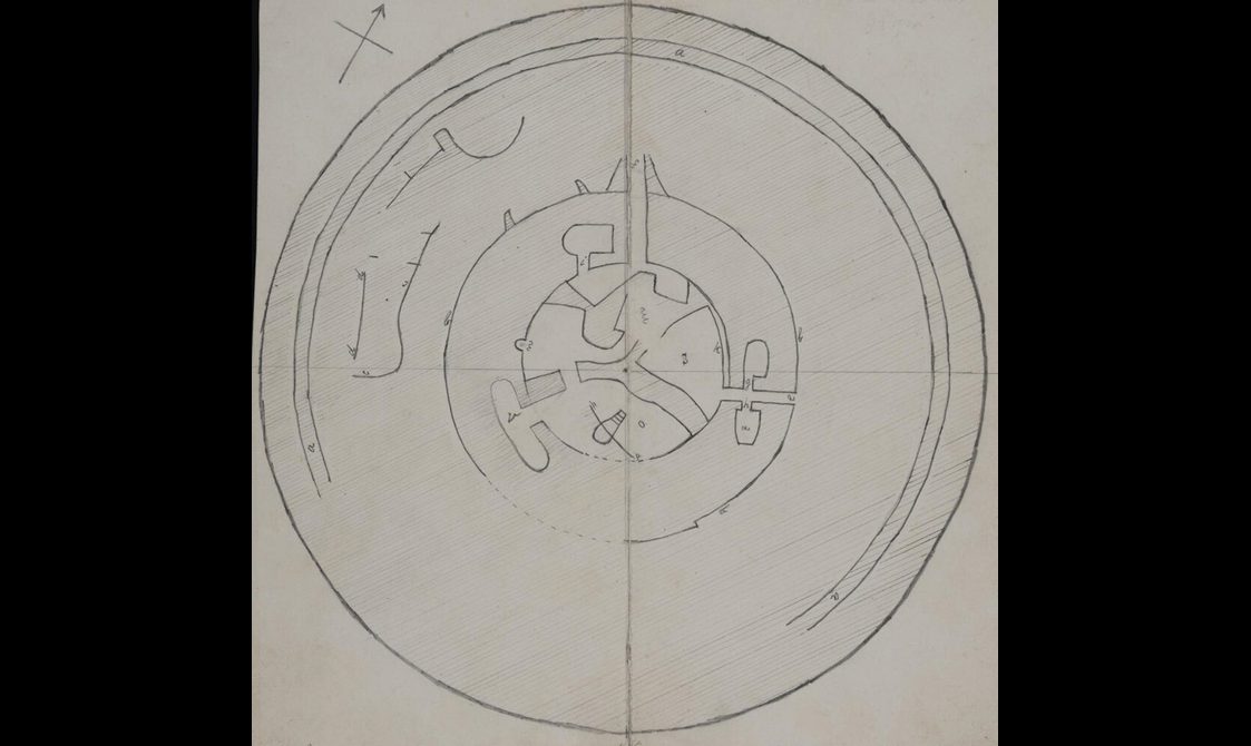 A pencil drawing like a blueprint of a round building.