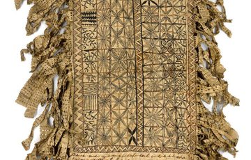 A yellow vest with black patterns in a grid formation, with fringing down the side.