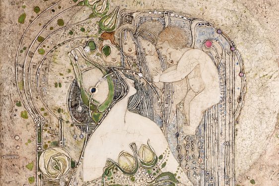 Art Nouveau panel by Charles Rennie Mackintosh. A woman in a swooping dress adorned with green leaves looks up at three winged cherubs.