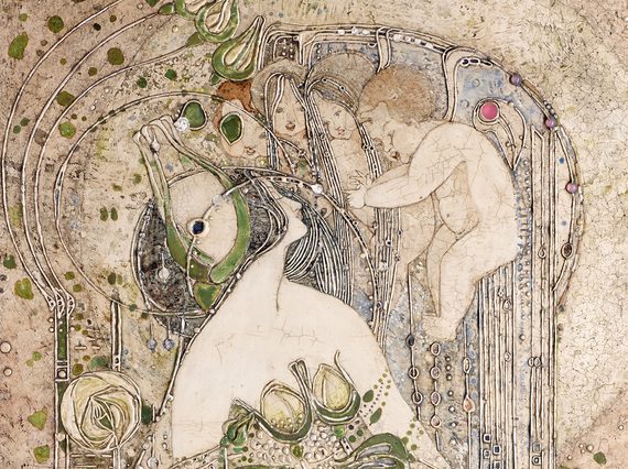 Art Nouveau panel by Charles Rennie Mackintosh. A woman in a swooping dress adorned with green leaves looks up at three winged cherubs.