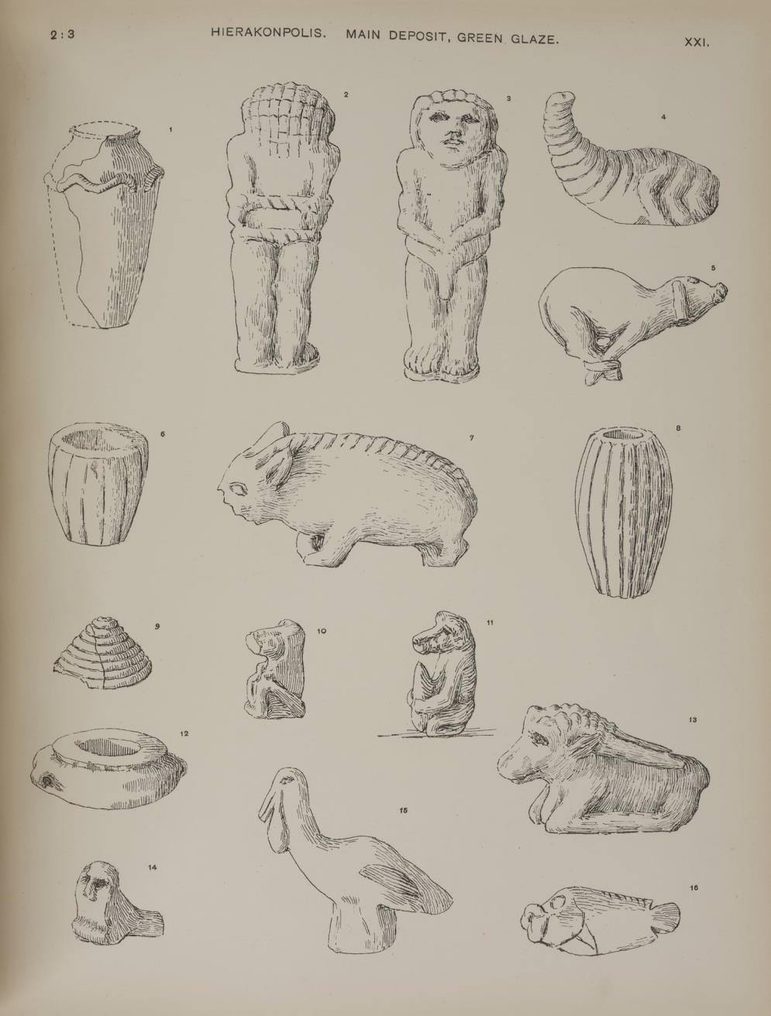 A series of illustrations of objects including small animal-like sculptures and pots.