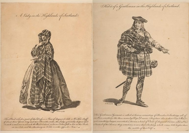 A yellowing catalogue with illustrations of a man and woman in tartan clothing. The woman wears a full skirt and tartan shawl wrapped around her head, the man wears a kilt with a hat and draped tartan shawl.
