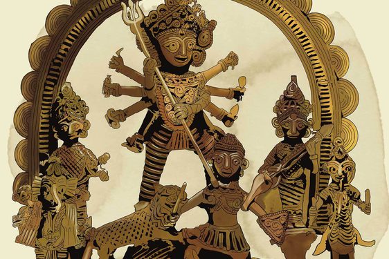 An illustration of a statue of the Hindu goddess Durga