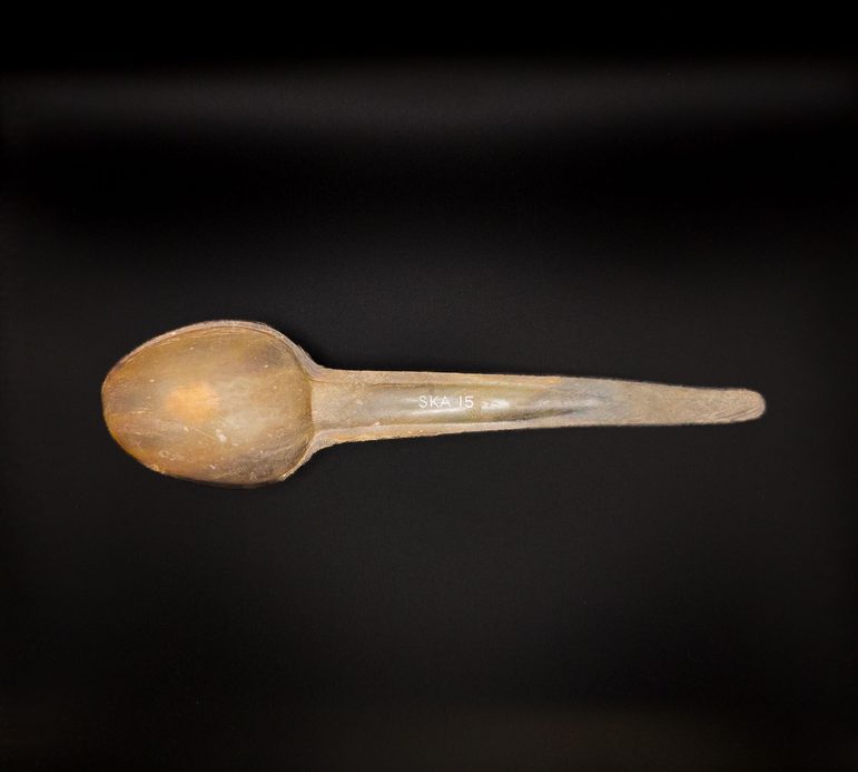 A small carved spoon made from the horn of an animal.