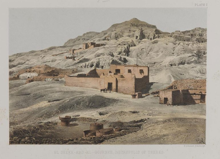 An illustration of a desert-like landscape with a few reddish colour buildings in the foreground.