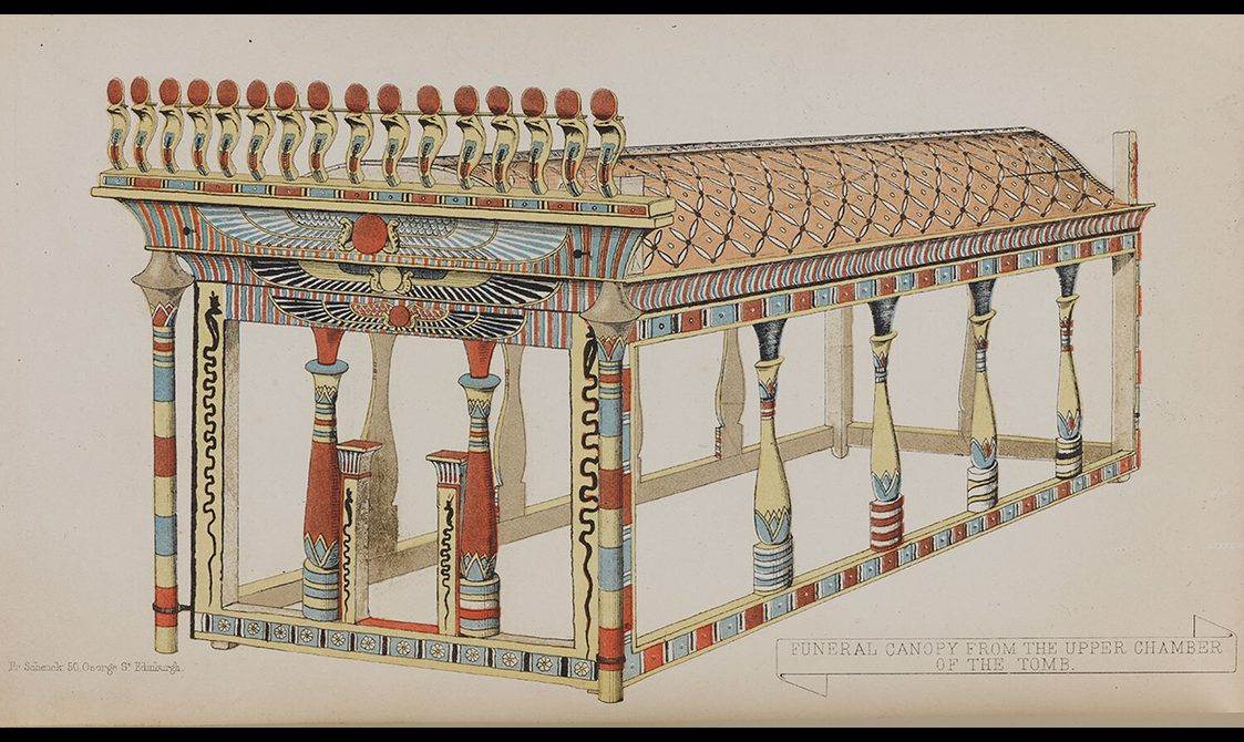 A coloured illustration of an Egyptian funerary canopy.