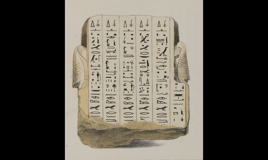 Illustration of the back of an Egyptian statue featuring hieroglyphics.