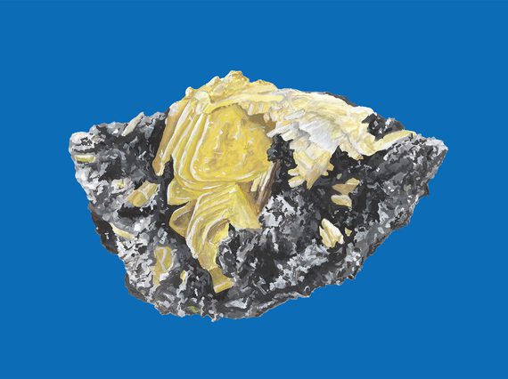 An illustration of a grey and white rock with yellow crystals coming through the surface. The rock is against a blue background