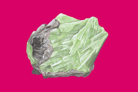An illustration of a pale green and grey rock against a bright pink background