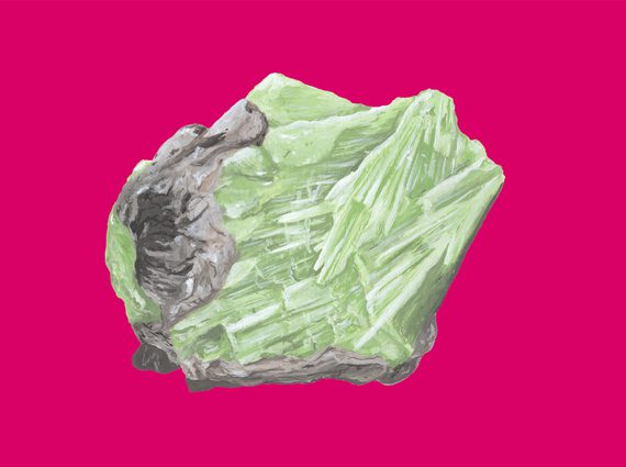 An illustration of a pale green and grey rock against a bright pink background
