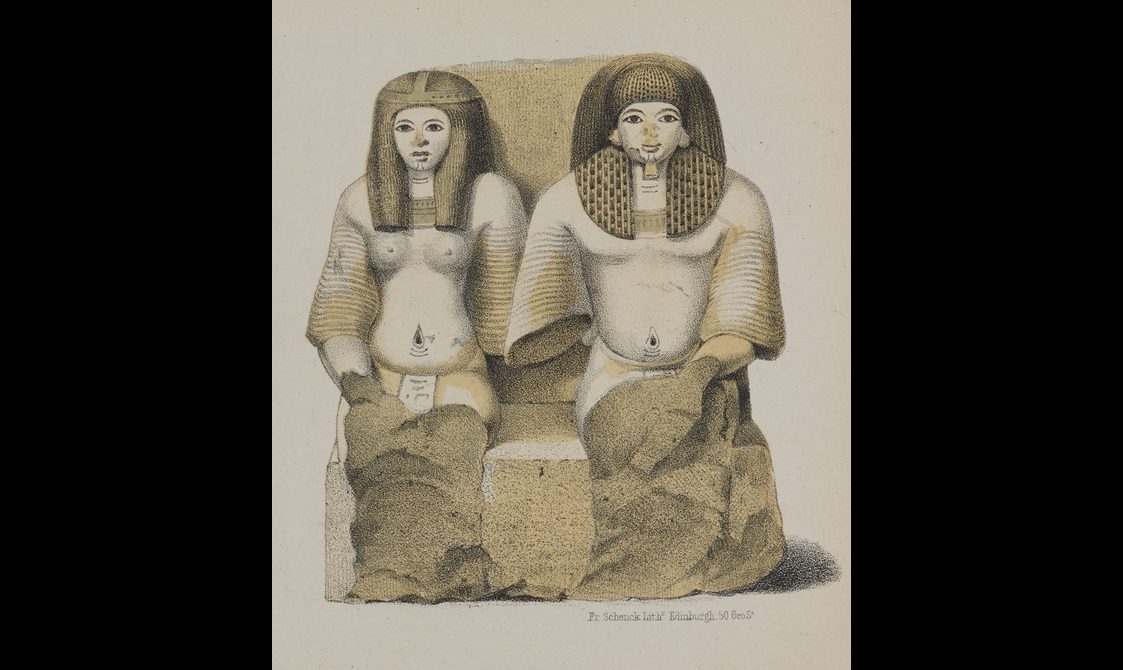 An illustration of an Egyptian statue of a seated man and woman.