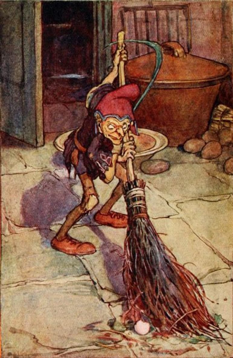 Illustration of a Brownie, depicted as a gnome-like creature the size of a small dog with pointed red cap sweeping a stone floor with a homemade broom.
