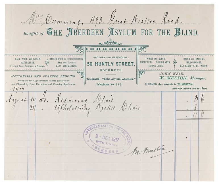 An invoice showing objects made by people in impairment specific workshops. The printed header says 'The Aberdeen asylum for the blind'.