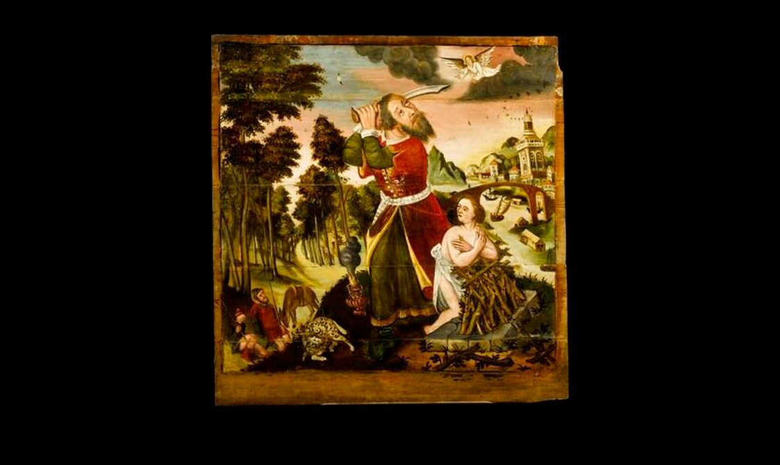 Colourful painted ceiling panel depicting Abraham and the Sacrifice of Isaac